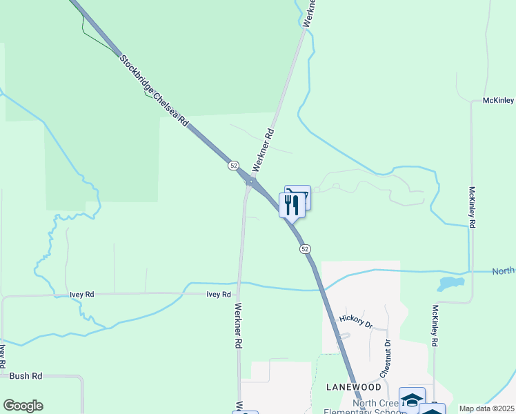 map of restaurants, bars, coffee shops, grocery stores, and more near 6751 Werkner Road in Chelsea