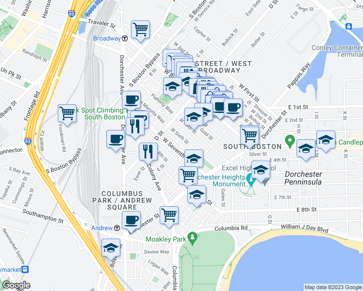 map of restaurants, bars, coffee shops, grocery stores, and more near E St & Tudor St in Boston