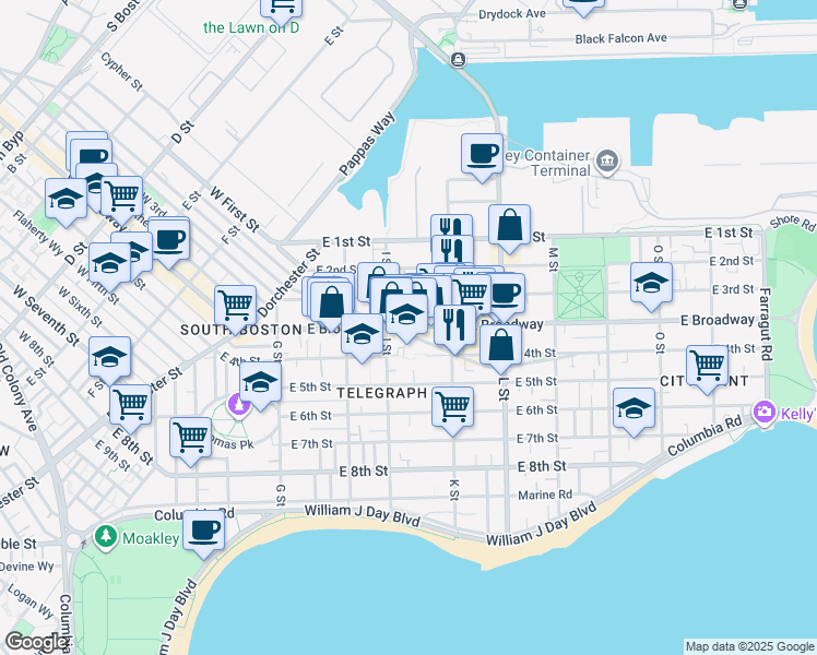 map of restaurants, bars, coffee shops, grocery stores, and more near 646 East Broadway in Boston