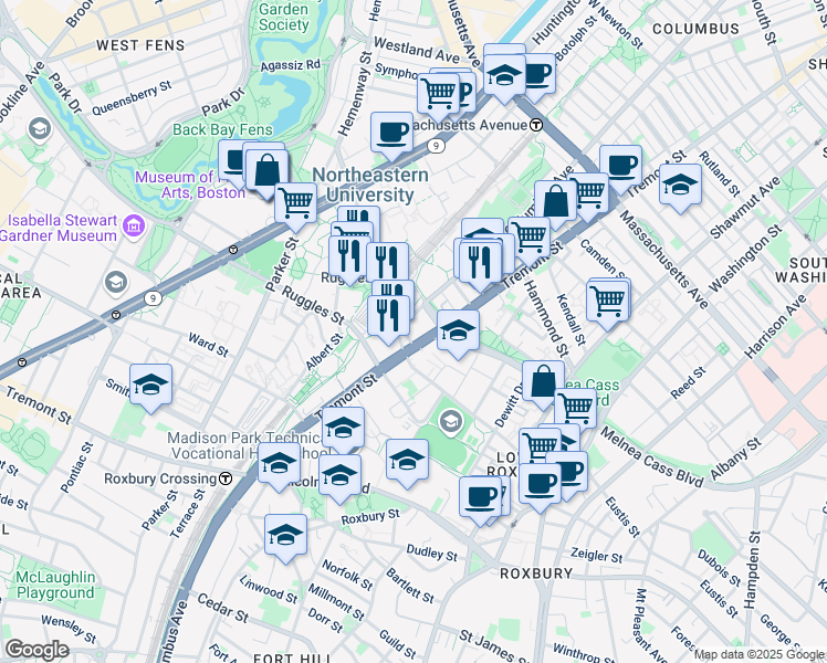 map of restaurants, bars, coffee shops, grocery stores, and more near 1135 Tremont Street in Boston