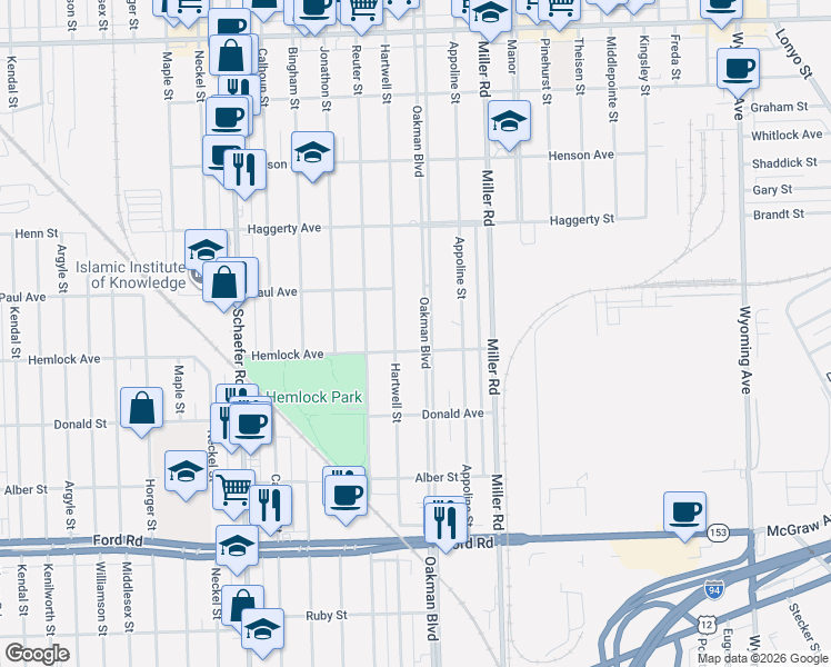map of restaurants, bars, coffee shops, grocery stores, and more near 6300 Oakman Boulevard in Dearborn