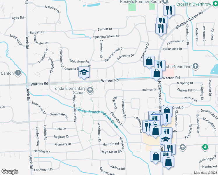 map of restaurants, bars, coffee shops, grocery stores, and more near 7184 Chadwick Court in Canton