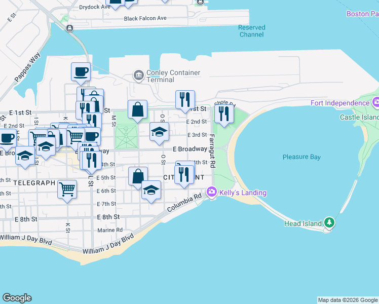 map of restaurants, bars, coffee shops, grocery stores, and more near 936 East Broadway in Boston