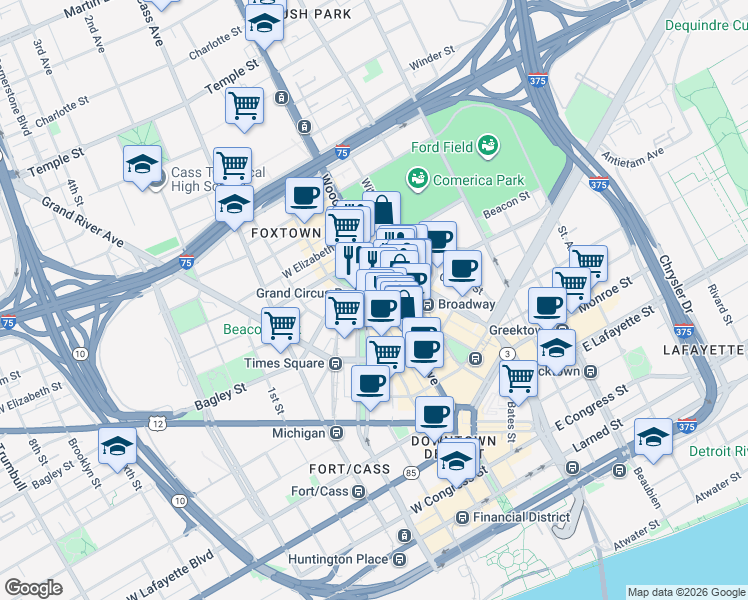map of restaurants, bars, coffee shops, grocery stores, and more near 1 Park Avenue in Detroit
