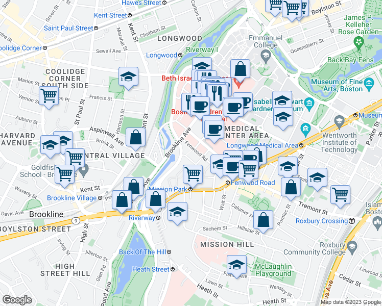 map of restaurants, bars, coffee shops, grocery stores, and more near 80 Fenwood Road in Boston