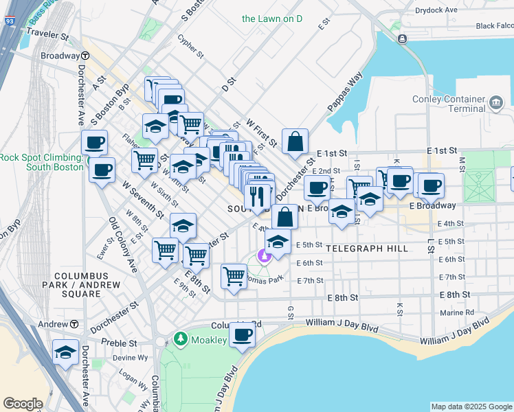 map of restaurants, bars, coffee shops, grocery stores, and more near 471 West Broadway in Boston