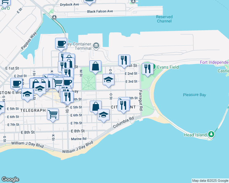 map of restaurants, bars, coffee shops, grocery stores, and more near 906 East Broadway in Boston