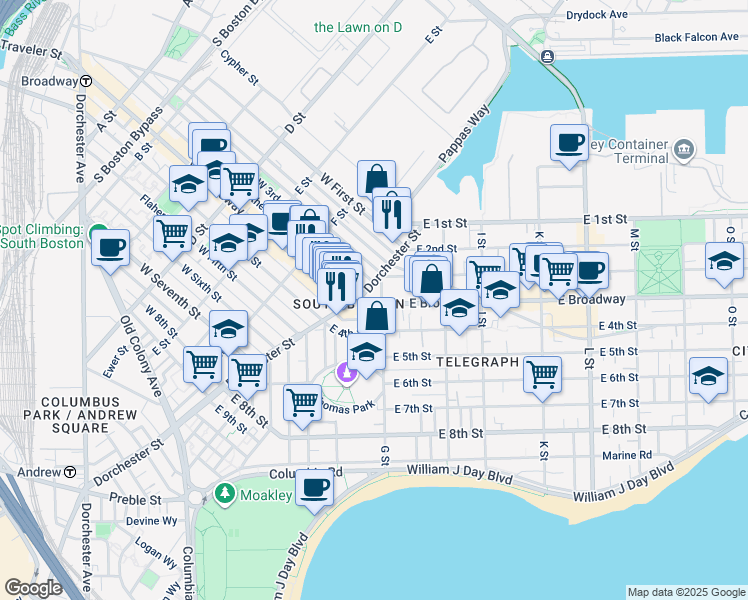 map of restaurants, bars, coffee shops, grocery stores, and more near 9 G Street in Boston