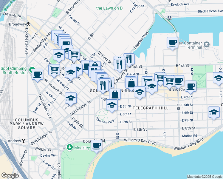 map of restaurants, bars, coffee shops, grocery stores, and more near 9 G Street in Boston