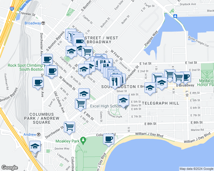 map of restaurants, bars, coffee shops, grocery stores, and more near 293 Silver Street in Boston