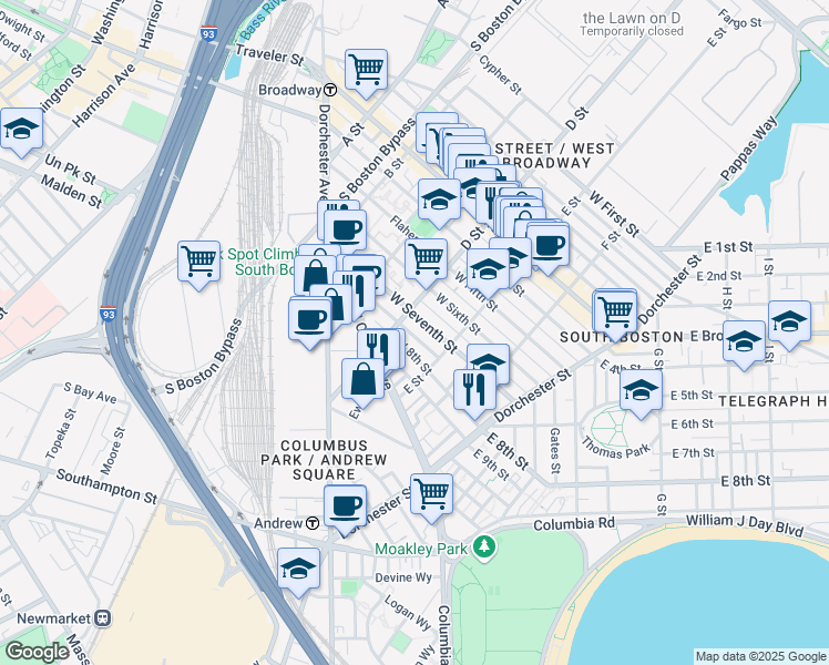 map of restaurants, bars, coffee shops, grocery stores, and more near 114 West Seventh Street in Boston
