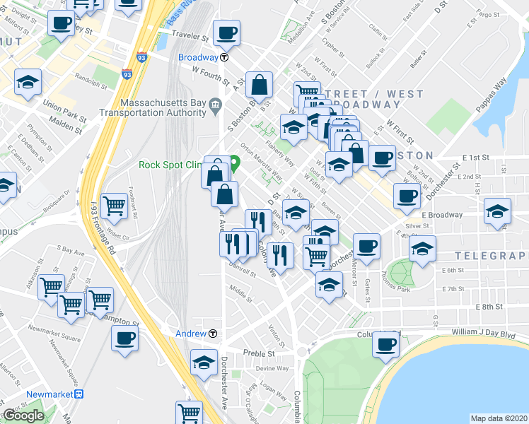 map of restaurants, bars, coffee shops, grocery stores, and more near 84 West 8th Street in Boston