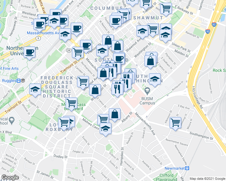 map of restaurants, bars, coffee shops, grocery stores, and more near 668 Massachusetts Avenue in Boston