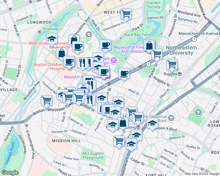 map of restaurants, bars, coffee shops, grocery stores, and more near in Boston