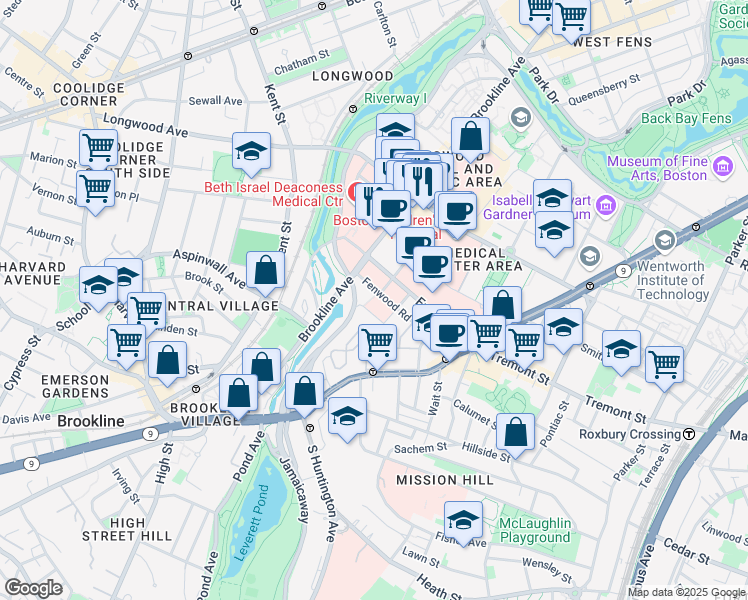 map of restaurants, bars, coffee shops, grocery stores, and more near 80 Fenwood Road in Boston
