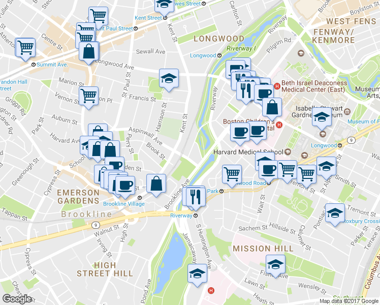 map of restaurants, bars, coffee shops, grocery stores, and more near 23 Netherlands Road in Brookline