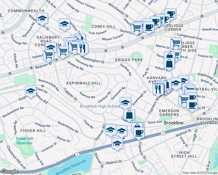 map of restaurants, bars, coffee shops, grocery stores, and more near 123 Gardner Road in Brookline
