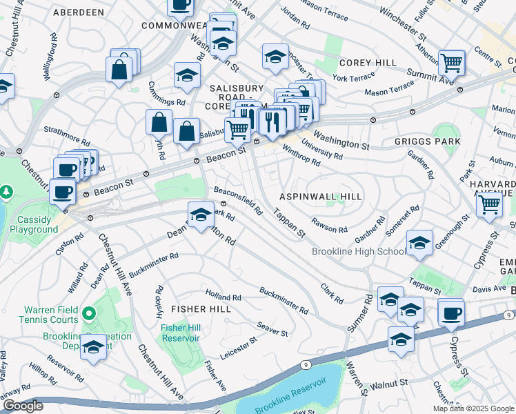 map of restaurants, bars, coffee shops, grocery stores, and more near 72 Regent Circle in Brookline