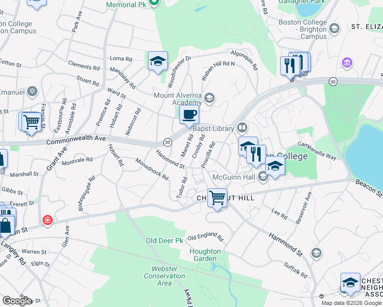 map of restaurants, bars, coffee shops, grocery stores, and more near 36 Crosby Road in Newton