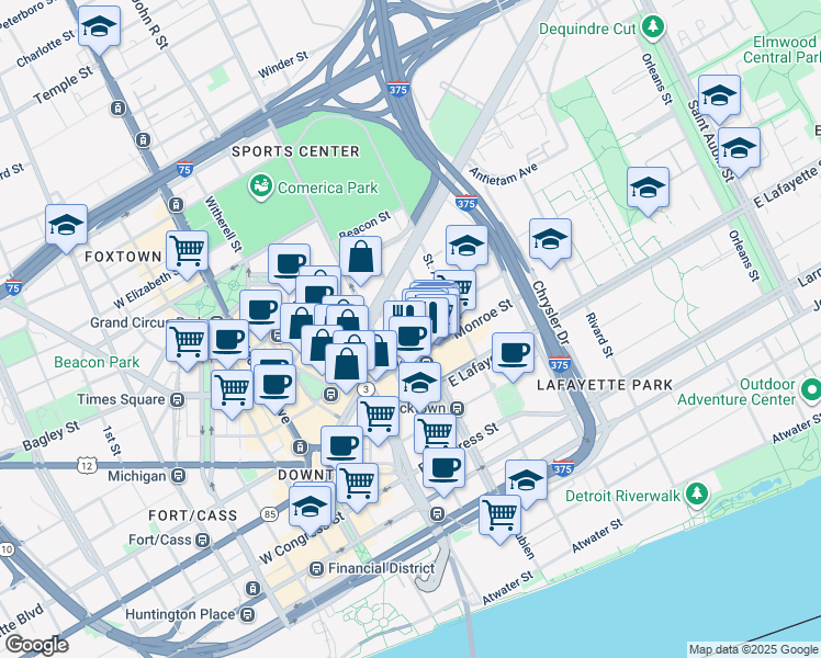 map of restaurants, bars, coffee shops, grocery stores, and more near Beaubien St & Macomb St in Detroit