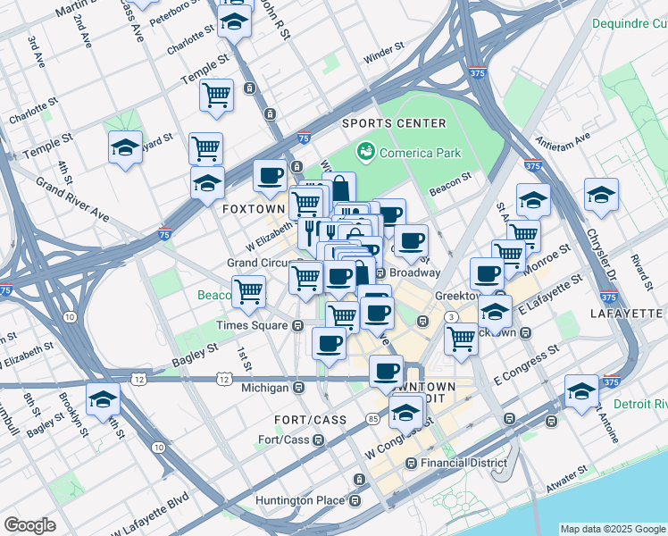map of restaurants, bars, coffee shops, grocery stores, and more near 1601 Woodward Avenue in Detroit