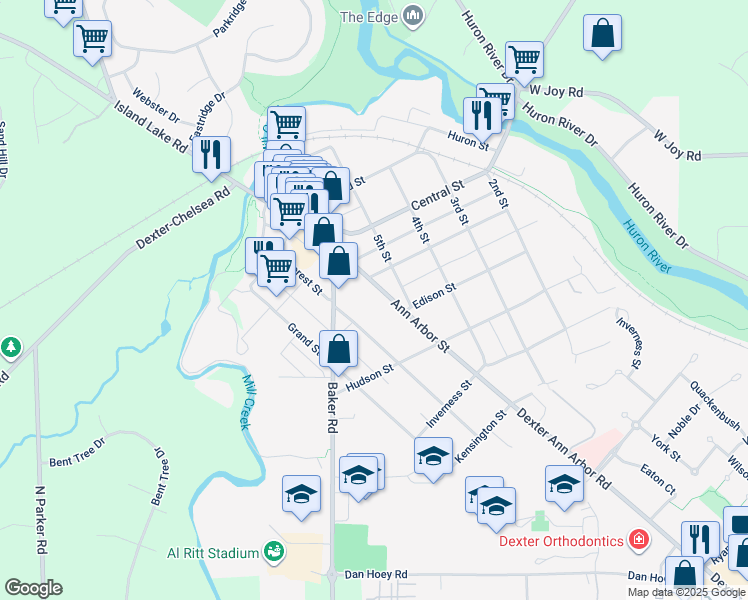 map of restaurants, bars, coffee shops, grocery stores, and more near 7901 Ann Arbor Street in Dexter