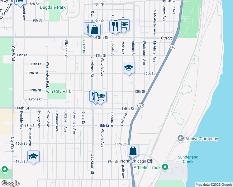 map of restaurants, bars, coffee shops, grocery stores, and more near 812 13th Street in North Chicago