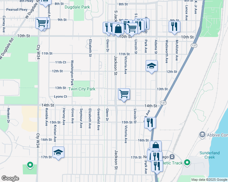 map of restaurants, bars, coffee shops, grocery stores, and more near 1245 Jackson Street in North Chicago