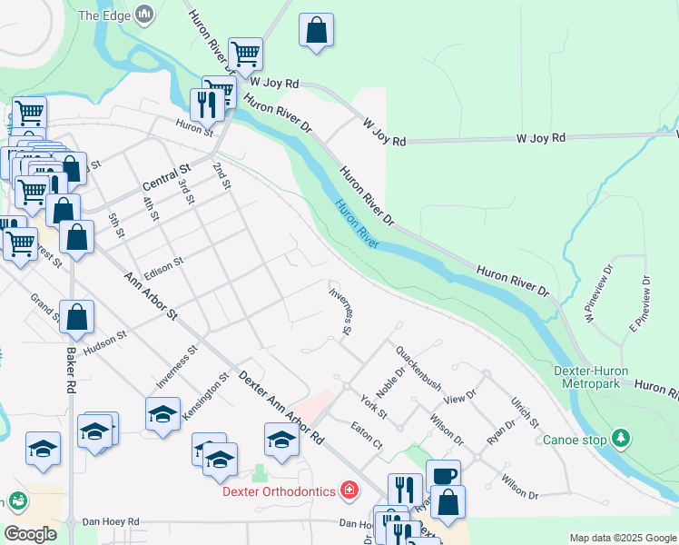 map of restaurants, bars, coffee shops, grocery stores, and more near 4101 Inverness Street in Dexter