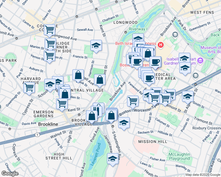 map of restaurants, bars, coffee shops, grocery stores, and more near 23 Netherlands Road in Brookline