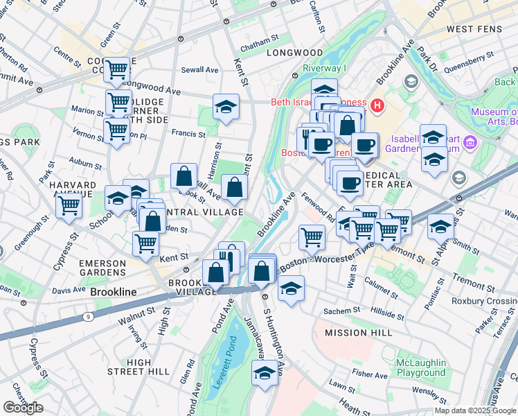 map of restaurants, bars, coffee shops, grocery stores, and more near 11 Netherlands Road in Brookline