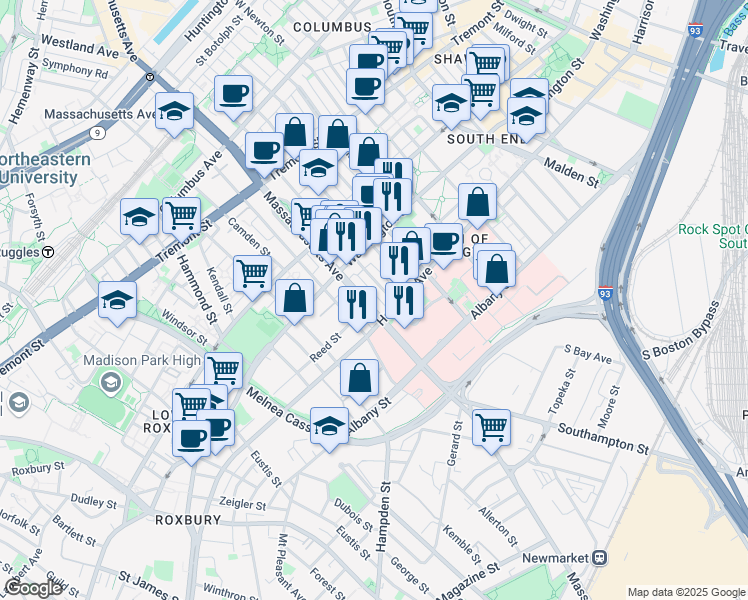 map of restaurants, bars, coffee shops, grocery stores, and more near 684 Massachusetts Avenue in Boston