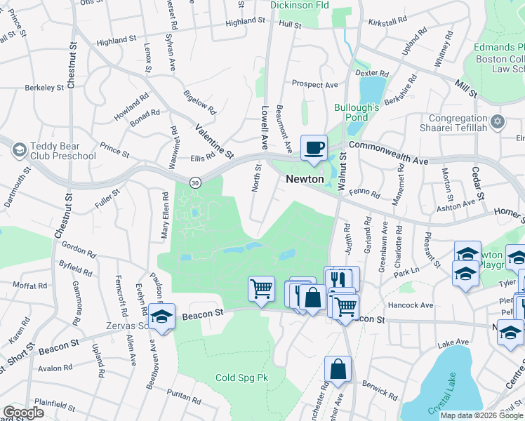 map of restaurants, bars, coffee shops, grocery stores, and more near 51 Cummings Road in Newton