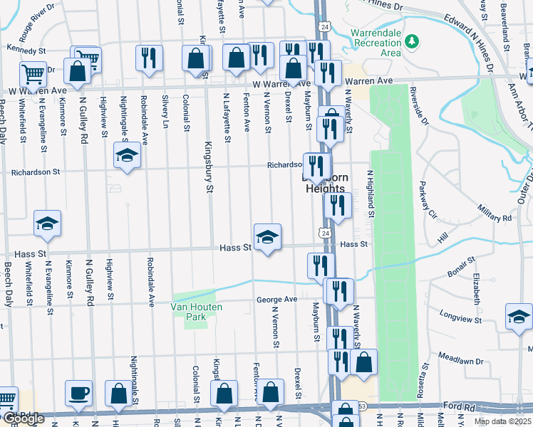 map of restaurants, bars, coffee shops, grocery stores, and more near 6523 North Vernon Street in Dearborn Heights