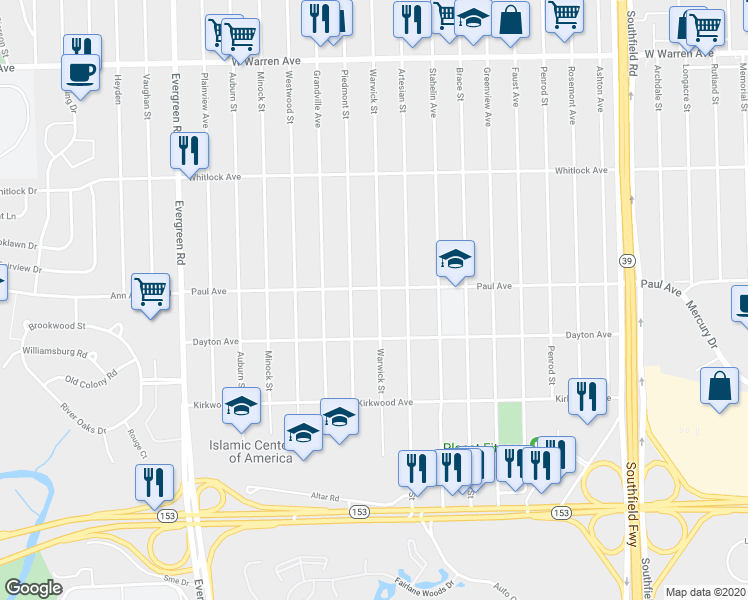 map of restaurants, bars, coffee shops, grocery stores, and more near 6255 Warwick Street in Detroit