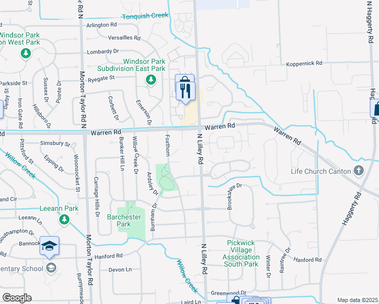 map of restaurants, bars, coffee shops, grocery stores, and more near 7025 North Lilley Road in Wayne County
