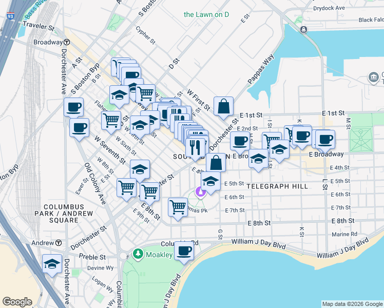 map of restaurants, bars, coffee shops, grocery stores, and more near 457 West Broadway in Boston