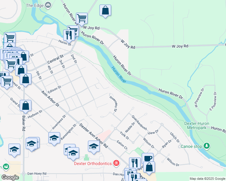 map of restaurants, bars, coffee shops, grocery stores, and more near 4101 Inverness Street in Dexter