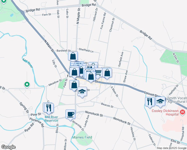 map of restaurants, bars, coffee shops, grocery stores, and more near 45 Main St in Northampton