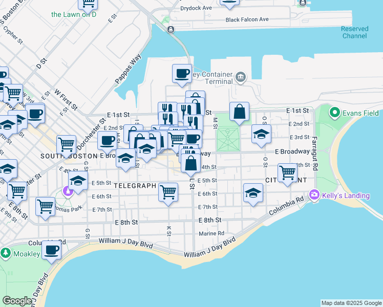 map of restaurants, bars, coffee shops, grocery stores, and more near  in Boston