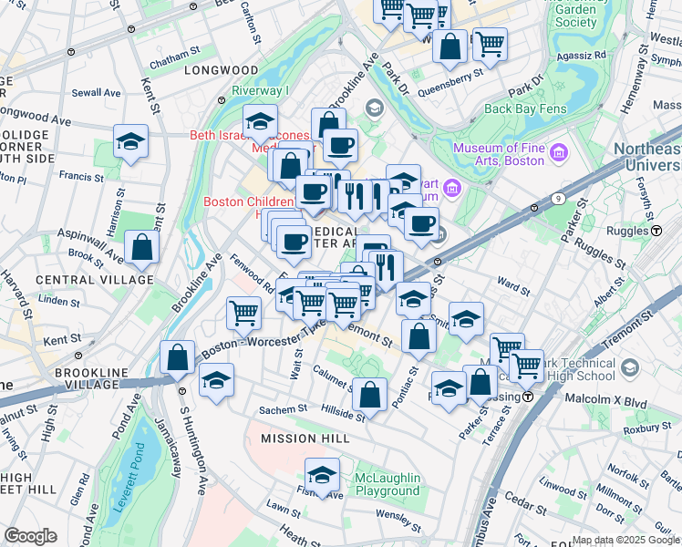 map of restaurants, bars, coffee shops, grocery stores, and more near 25 Shattuck Street in Boston
