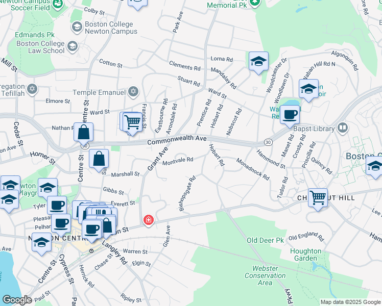 map of restaurants, bars, coffee shops, grocery stores, and more near 41 Montvale Road in Newton