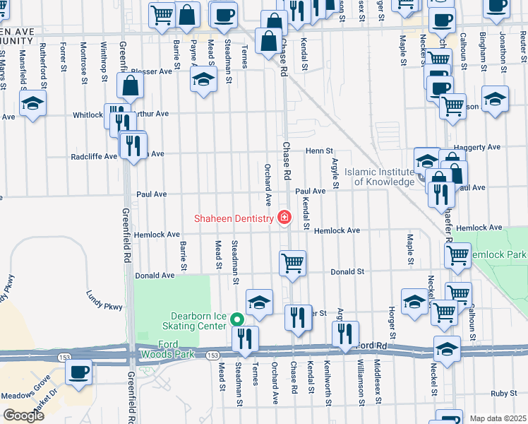 map of restaurants, bars, coffee shops, grocery stores, and more near 6316 Orchard Avenue in Dearborn