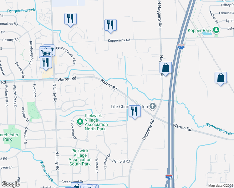 map of restaurants, bars, coffee shops, grocery stores, and more near 41575 Copper Creek Drive in Canton