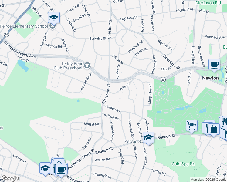 map of restaurants, bars, coffee shops, grocery stores, and more near 81 Fuller Street in Newton