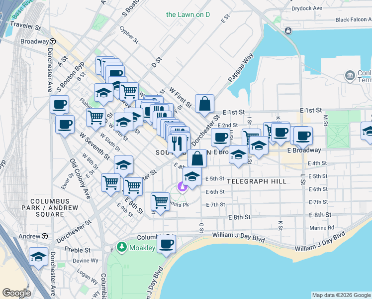 map of restaurants, bars, coffee shops, grocery stores, and more near 480 West Broadway in Boston