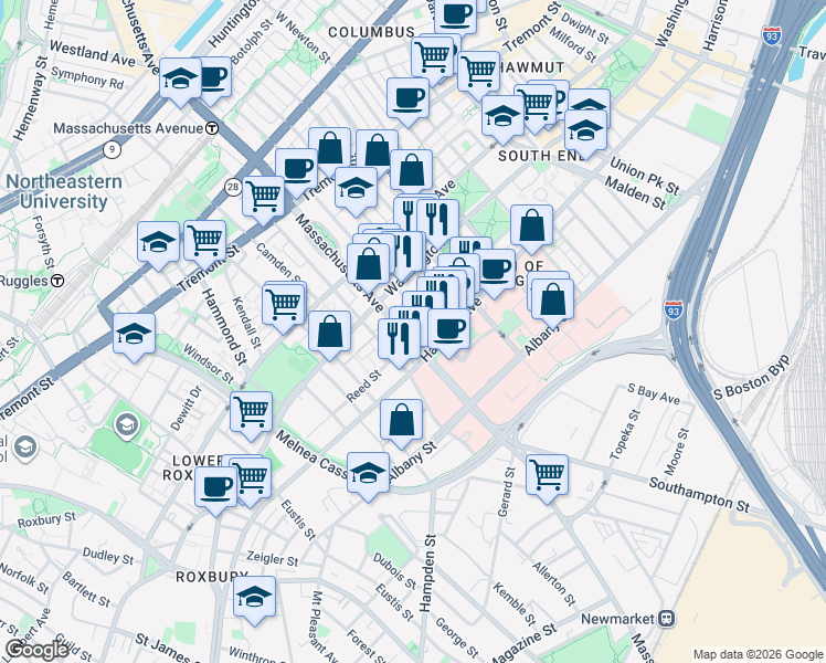 map of restaurants, bars, coffee shops, grocery stores, and more near 668 Massachusetts Avenue in Boston