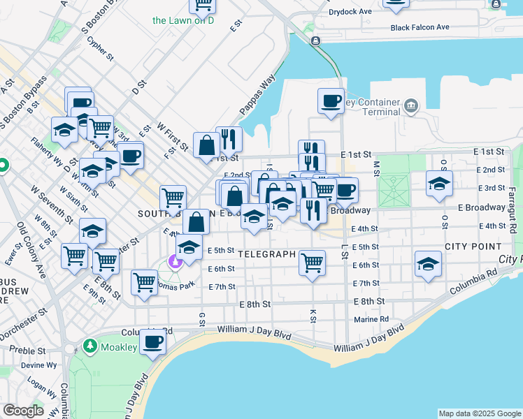 map of restaurants, bars, coffee shops, grocery stores, and more near 600 East Broadway in Boston