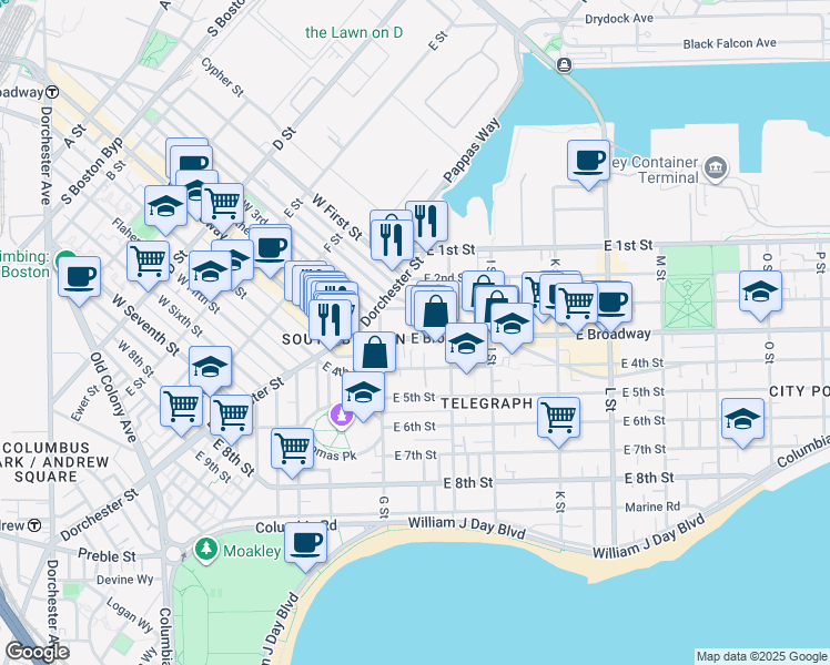map of restaurants, bars, coffee shops, grocery stores, and more near 536 East Broadway in Boston