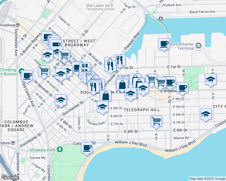map of restaurants, bars, coffee shops, grocery stores, and more near 520 East Broadway in Boston
